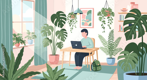 Vector illustration of a person working from home on a laptop, surrounded by lush green houseplants in a sunlit, cozy room.