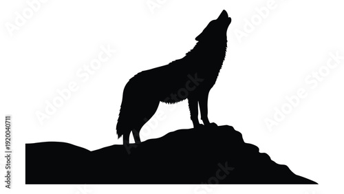 A silhouette of a howling wolf standing on a hilltop at night isolated on white background, Vector