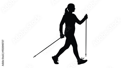 A silhouette of a person hiking with trekking poles on a trail isolated on white background, Vector