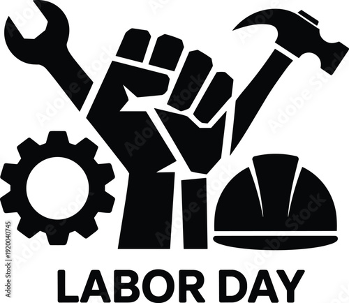 Labor Day silhouette concept with raised fist holding wrench and hammer, gear and hard hat icons for international workers day, isolated vector.