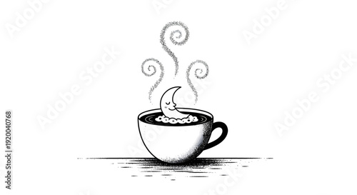 A whimsical black and white drawing of a sleeping crescent moon relaxing in a hot cup of coffee.