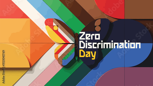 Zero discrimination day banner with colorful geometric butterfly abstract background for equality awareness campaign and social justice representation