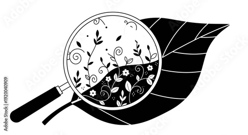 Black and white illustration of a magnifying glass revealing intricate floral and plant details on a large leaf silhouette.