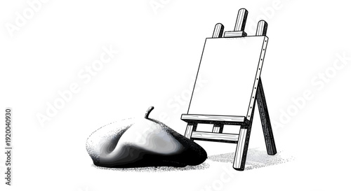 A classic artist's setup featuring a wooden easel with a blank canvas and a traditional beret, rendered in black and white.