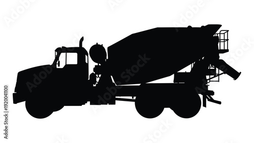 A detailed black and white silhouette of a cement mixer truck on a road. isolated on white background, Vector