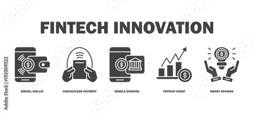 fintech innovation banner web icon vector illustration featuring icons of digital wallet, contactless payment, mobile banking, fintech chart, smart savings.