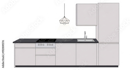 Modern Kitchen Interior Design with Sleek White Cabinets and Black Countertops.