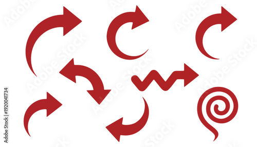 Collection of various red arrows pointing in different directions and forming diverse shapes on a white background