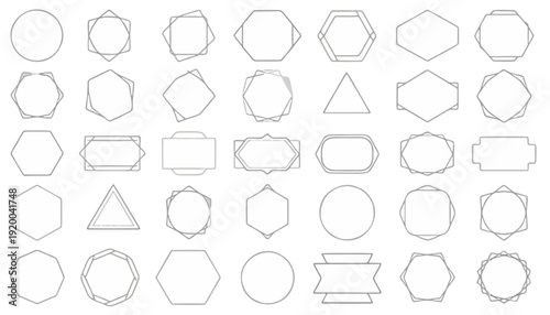 A collection of diverse geometric shapes and decorative borders in a clean, modern line art style, perfect for graphic design elements and invitations