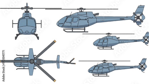 Detailed vehicle autocad blueprint of a helicopter viewed from various angles showcasing its design and structure