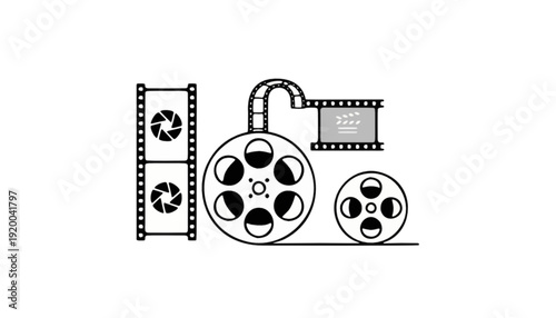 Retro film reels and spools with aperture graphics, symbolizing cinema and moviemaking