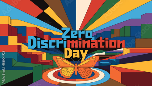 Zero discrimination day with vibrant retro background, butterfly, and dimensional blocks, advocating for equality and mutual respect among all