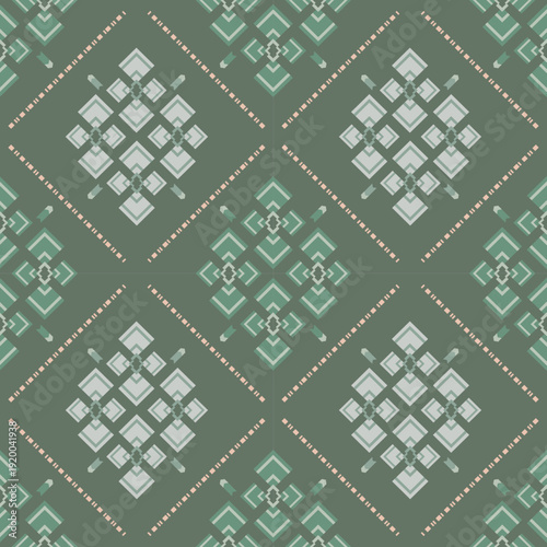 Ethnic soft green and olive geometric fabric seamless pattern, wallpaper and surface design for scandinavian, decorative style, home décor, modern boho
