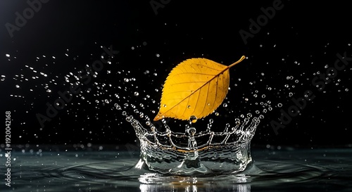 A yellow leaf splashing into dark water with droplets flying everywhere
