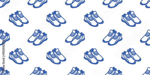 Seamless pattern with hand drawn doodle sneakers, blue outline vector illustration isolated on white background, sport shoes footwear background