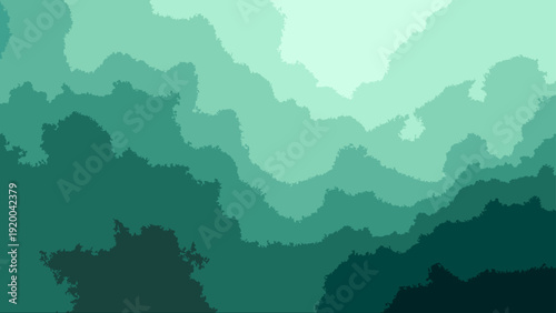 Vector Abstract  serene layered landscape, showcasing a mesmerizing gradient of teal and dark green, evoking a sense of calm and depth. Inspired by undulating terrain. 