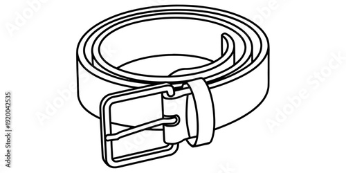 A black and white line drawing of a rolled up leather belt with a rectangular metal buckle.