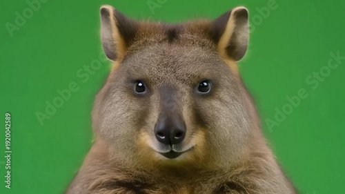 A friendly Quokka looks directly at the camera on a vibrant green screen backdrop.