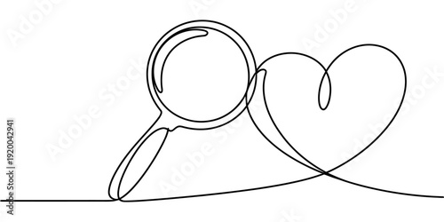 A continuous line drawing depicts a magnifying glass positioned over a heart shape symbolizing investigation and affection high-quality professional detailed