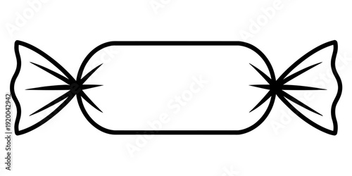 A simple black and white line drawing depicts a classic wrapped candy with twisted ends isolated on a white background