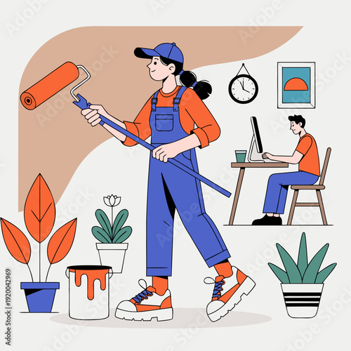 DIY Home Renovation and Interior Design Project with a Person Painting a Wall