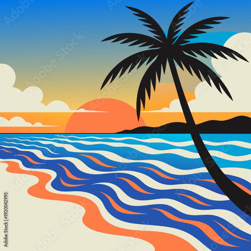 Tropical beach sunset with palm tree and wavy ocean, a vibrant summer vacation illustration