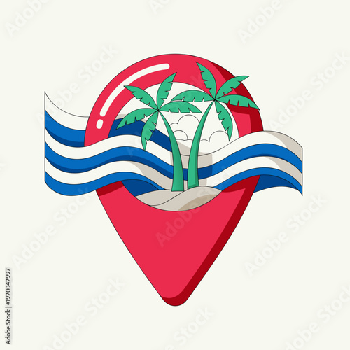 Tropical beach destination marker with palm trees, waves, and sand, representing a vacation spot or travel location
