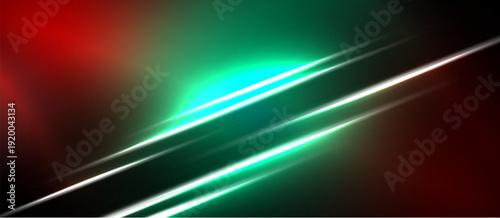 Abstract background features vibrant red, green gradients. Bright lines create dynamic diagonal composition. Dark areas frame colorful light effects.