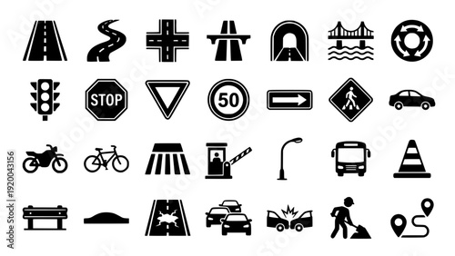 Comprehensive Road Traffic and Infrastructure Icon Set with Flat Design Elements