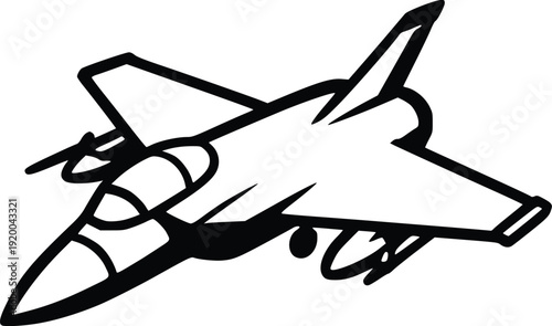 Black and White Vector Illustration of a Modern Jet Fighter Aircraft, Dynamic and Sleek Design, Isolated on White Background. Perfect for Aviation Themes, Military Graphics, and...