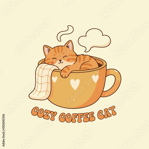 Cozy Coffee Cat: An adorable, contented cat cuddles soundly within a warm coffee cup. The comforting scene evokes feelings of contentment and calm.