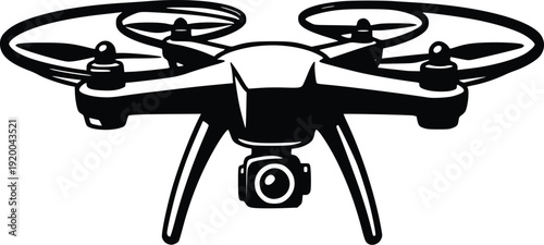 Modern Drone Icon with Camera - Black and White Vector Illustration for Technology, Aviation, and Photography Concepts. Clean Graphic for Web, Print, and Commercial Use.