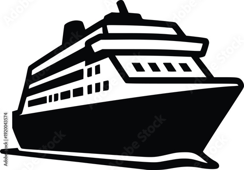 Modern Cruise Ship Vector Illustration - Black and White Icon for Travel, Tourism, and Maritime Themes. Clean Graphic for Web, Print, and Commercial Use.