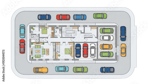 Aerial view of a parking lot with vehicle autocad blueprint design and various cars