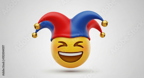 3d jester hat on red letters with shadows on gray background humor concept