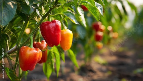 Red and yellow bell peppers growing on plant in sunny garden