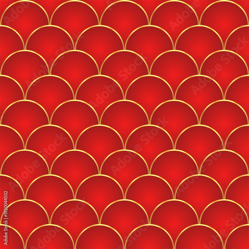 Traditional chinese fish scale seamless pattern. Red golden asian sea wave luxury ornament. Oriental, japanese background. Eastern vector motif. Template for cards, banner, poster and calendar.