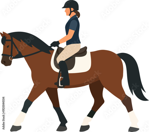 Person Riding Horse Full Body Flat Vector Illustration featuring Equestrian Rider and Stallion for Sports, Hobby, and Countryside Lifestyle Design