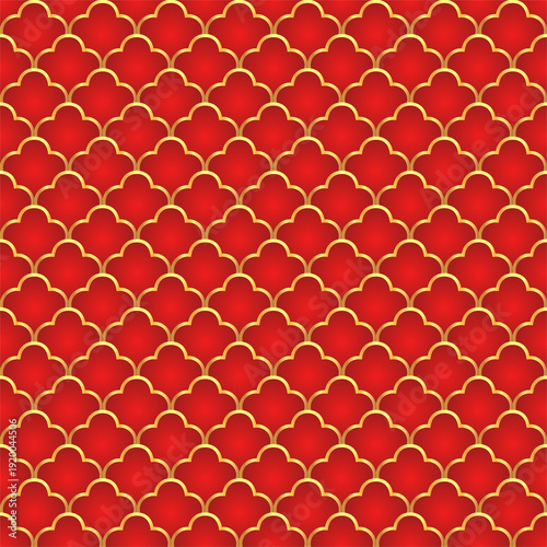 Traditional chinese fish scale seamless pattern. Red golden asian sea wave luxury ornament. Oriental, japanese background. Eastern vector motif. Template for cards, banner, poster and calendar.