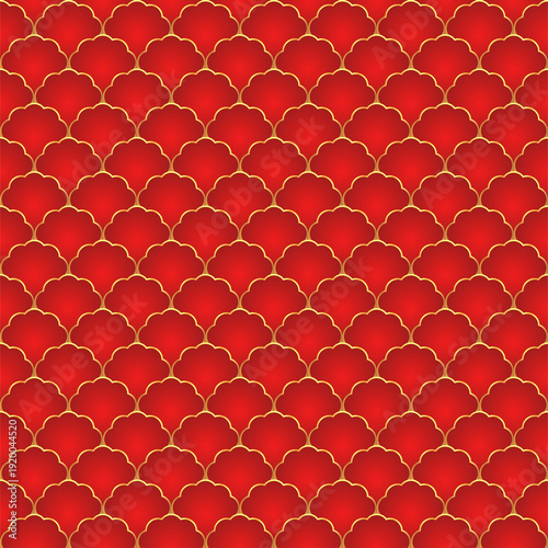 Traditional chinese fish scale seamless pattern. Red golden asian sea wave luxury ornament. Oriental, japanese background. Eastern vector motif. Template for cards, banner, poster and calendar.