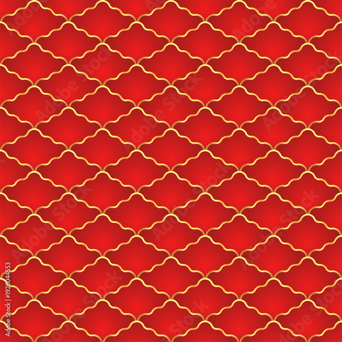 Traditional chinese fish scale seamless pattern. Red golden asian sea wave luxury ornament. Oriental, japanese background. Eastern vector motif. Template for cards, banner, poster and calendar.