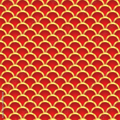 Traditional chinese fish scale seamless pattern. Red golden asian sea wave luxury ornament. Oriental, japanese background. Eastern vector motif. Template for cards, banner, poster and calendar.