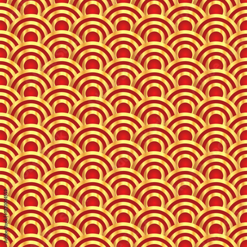 Traditional chinese fish scale seamless pattern. Red golden asian sea wave luxury ornament. Oriental, japanese background. Eastern vector motif. Template for cards, banner, poster and calendar.