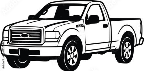 Black and White Vector Illustration of a Pickup Truck - Isolated Graphic for Commercial Use. Clean Line Art of a Classic Truck for Automotive, Transport, and Design Projects.
