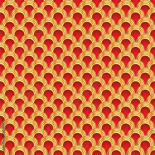 Traditional chinese fish scale seamless pattern. Red golden asian sea wave luxury ornament. Oriental, japanese background. Eastern vector motif. Template for cards, banner, poster and calendar.