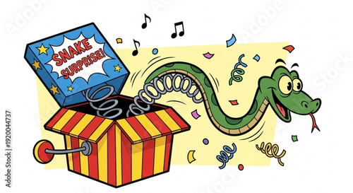 A cartoon green snake emerges from a colorful music box with a joyful expression surrounded by confetti and musical notes on a yellow background