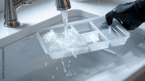 Hand washing plastic ice cube tray under running tap water in kitchen sink.