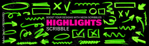Playful underline and arrow guide composition, highlight and marker energize design. underline and arrow circle on paper, line, shape, pen with expressive highlight and marker.