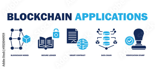 blockchain applications banner web icon vector illustration featuring icons of blockchain nodes, secure ledger, smart contract, data chain, verification stamp.