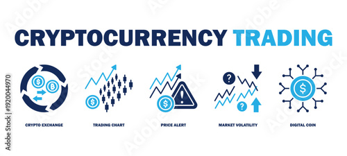 cryptocurrency trading banner web icon vector illustration featuring icons of crypto exchange, trading chart, price alert, market volatility, digital coin.